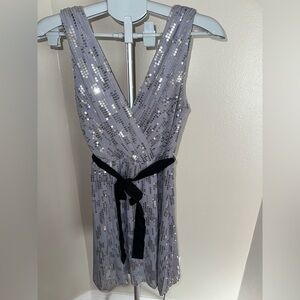 Express Silver Sequin Backless Dress with Black Sash